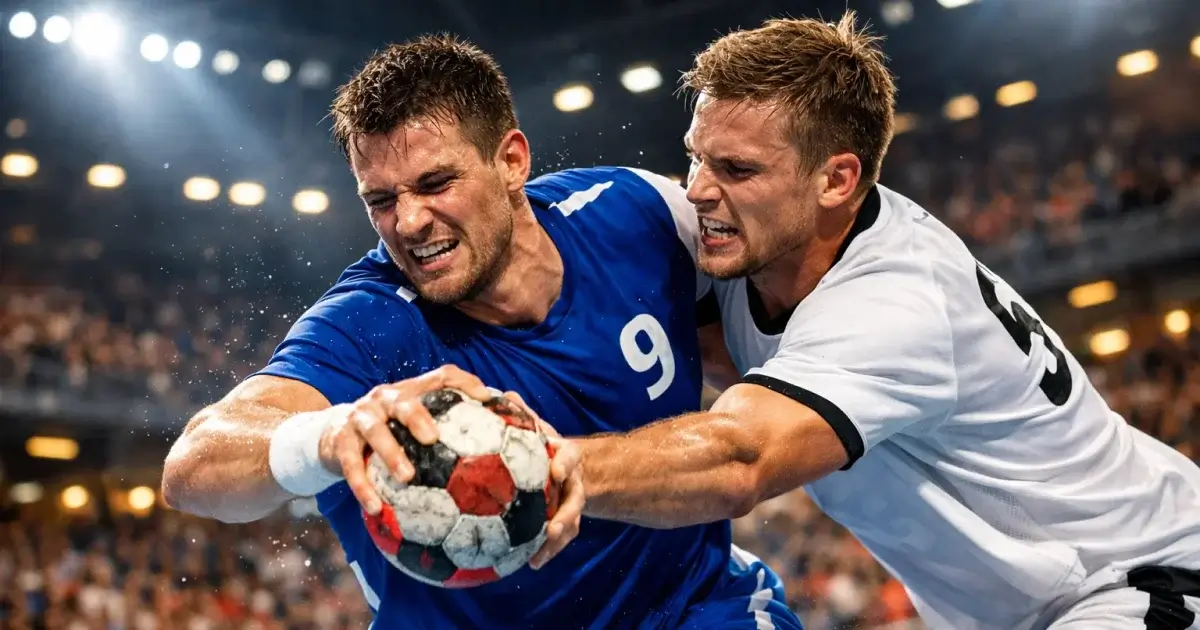Håndboldspillere i kamp under VM - intenst øjeblik fra international turnering